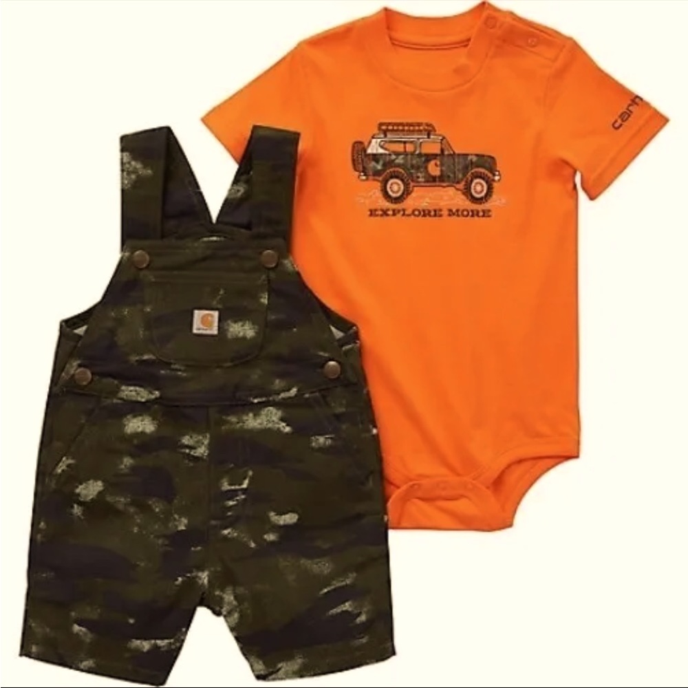 Carhartt Infant Boys Bodysuit Utility Vehicle Print and Camo Overall Set 9M
